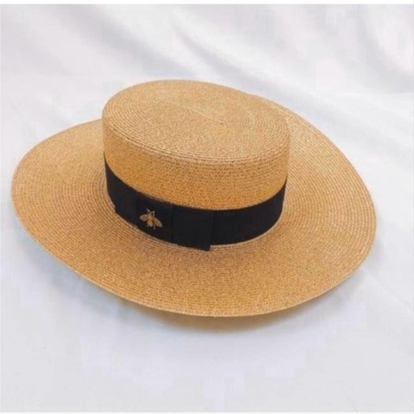 GUCCI Papier lame bee embellished grosgrain metallic straw hat large - Picture 4 of 6